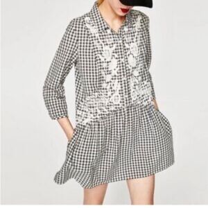 PHILOSOPHY Black White Gingham Cotton Embroidered Button Top Drop Waist Dress